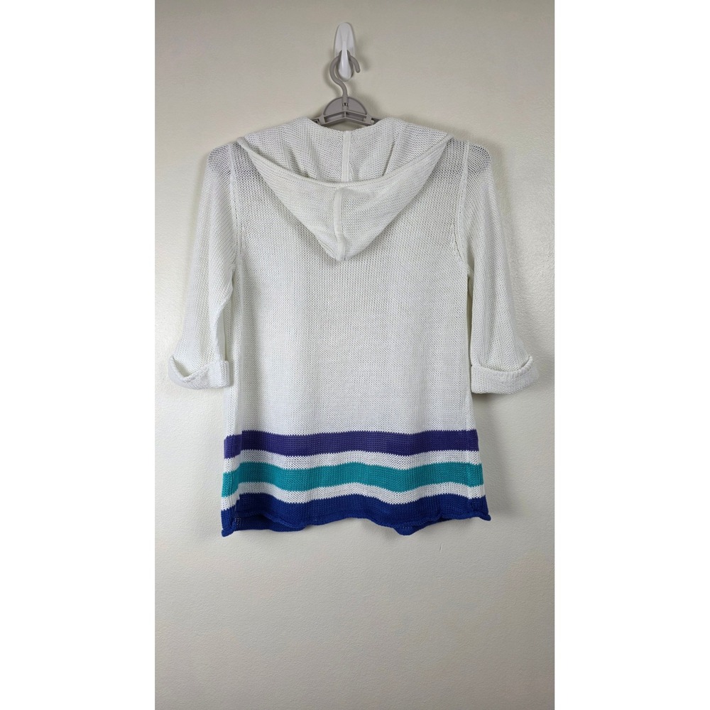 Chicos Cardigan Sweater Womens 2 White Linen Blend Hooded Open Front Striped NWT - Picture 13 of 14